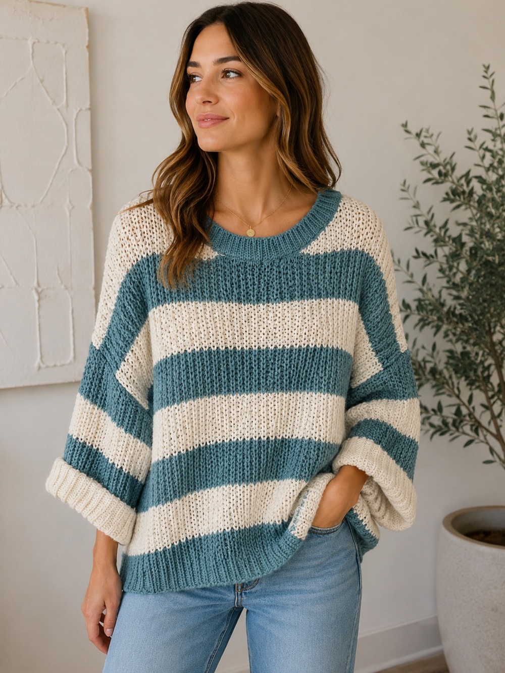 Easel Striped Chunky Knit Sweater - Teal & Cream